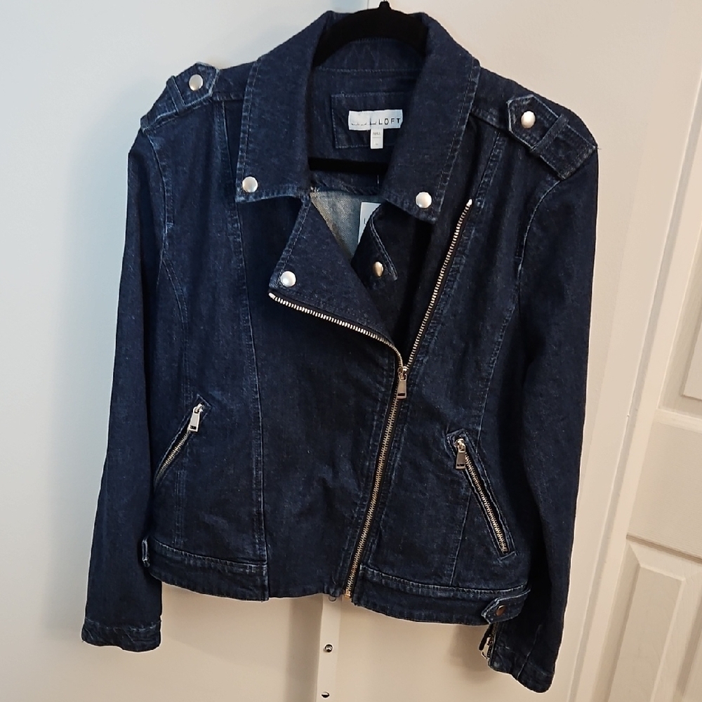 LOFT NWT Denim Moto Jacket Size Large Dark Wash Stretch Moto Style